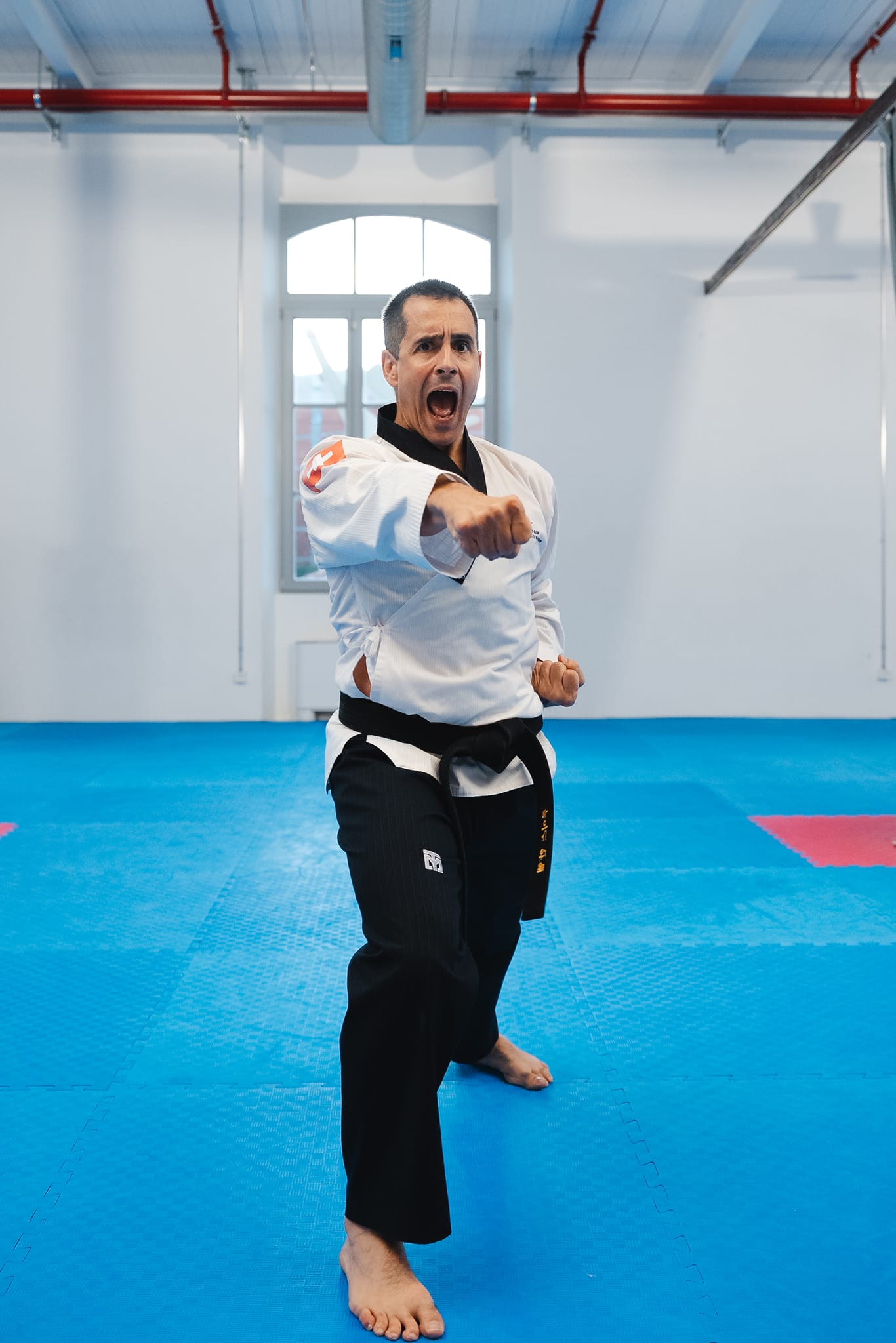 Atleta adulto con cintura nera esegue un pugno deciso guardando dritto verso l'obiettivo